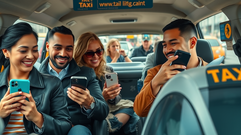 rider feedback and brand improvement in taxi app urban scene, satisfied diverse riders sharing feedback via smartphone