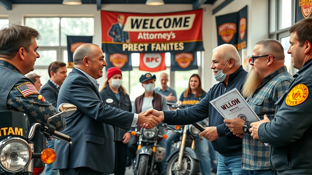 attorneys shaking hands with motorcycle club members, community partnership at local event center
