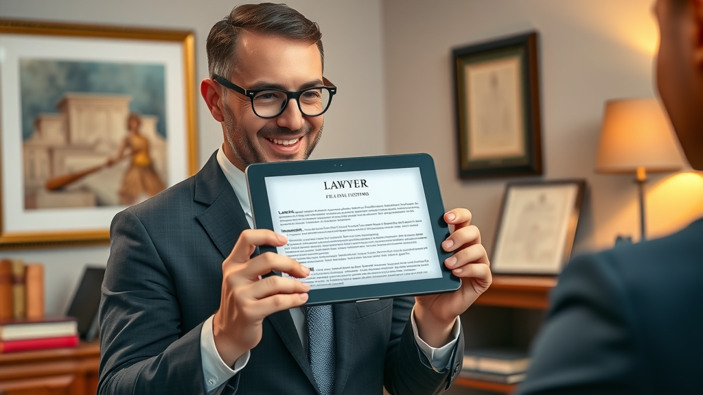 Lawyer presenting authority-driven legal blog in digital marketing context