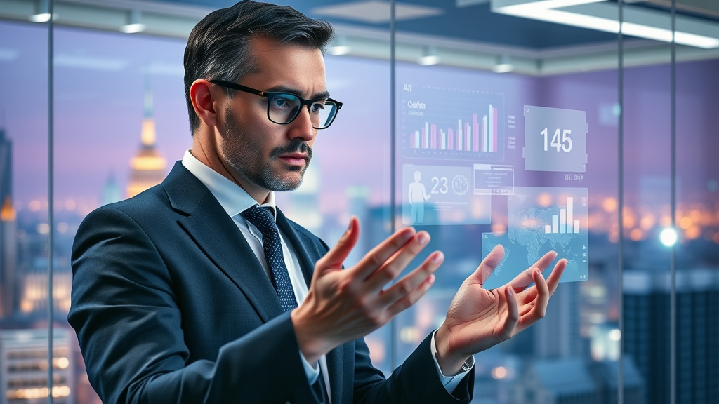 innovative lawyer reviewing AI-powered lawyer branding through video, futuristic holographic display, office with digital projections