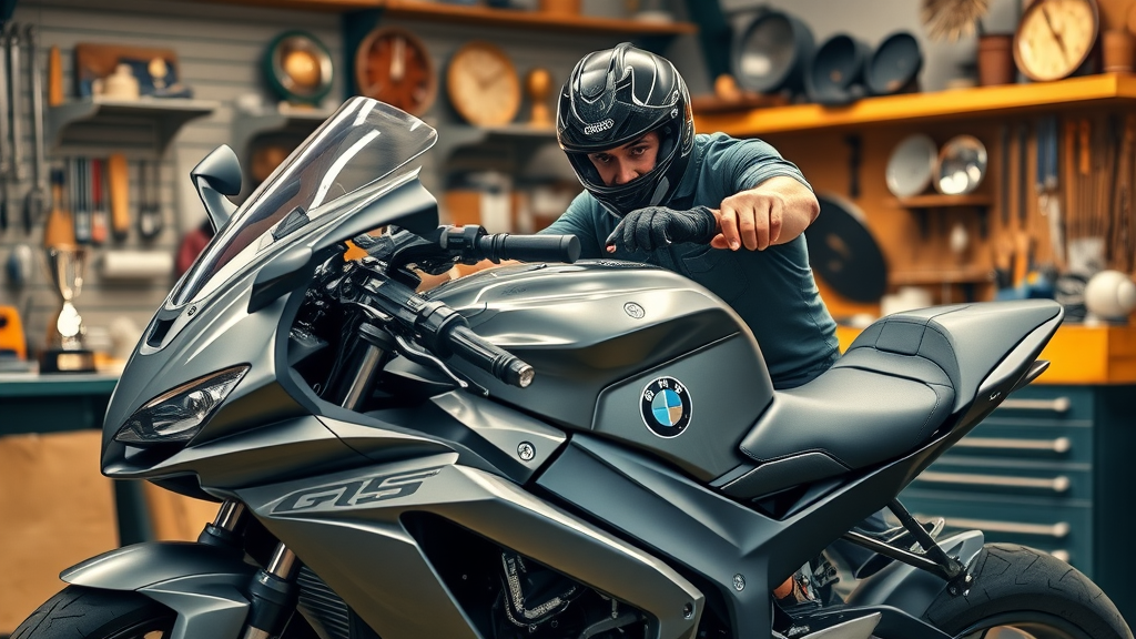 Proud rider examining a high-performance motorcycle in a workshop, showcasing product quality building brand loyalty among riders.