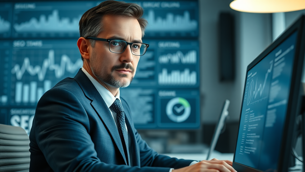 confident lawyer using SEO dashboard to optimize law firm web presence for motorcycle accident injury law