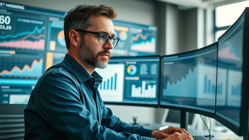 analyst reviewing SEO dashboard, KPIs, and analytics for law firm web tracking in motorcycle lawyer SEO