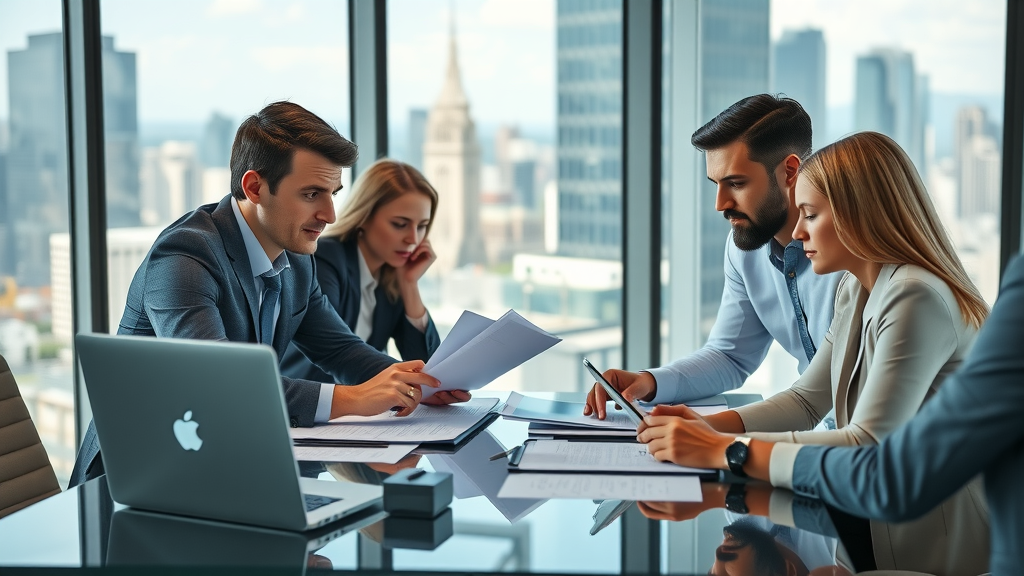 law firm digital marketing team strategizing over digital marketing reports in a modern office with cityscape background