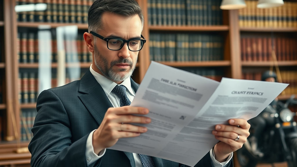 Motorcycle accident attorney reviews legal documents with a motorcyclist client about personal injury in law library