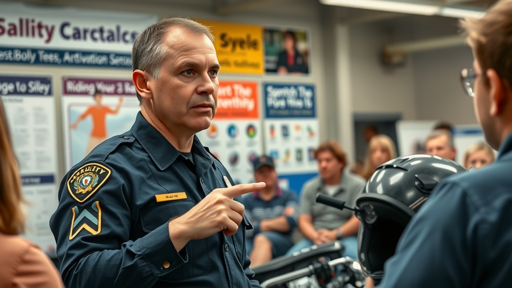 public safety officer presenting riding safety awareness campaign to a diverse audience