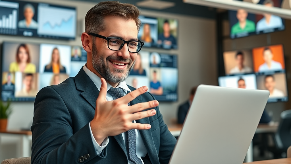 charismatic lawyer reviewing positive social media analytics lawyer branding on social platforms laptop
