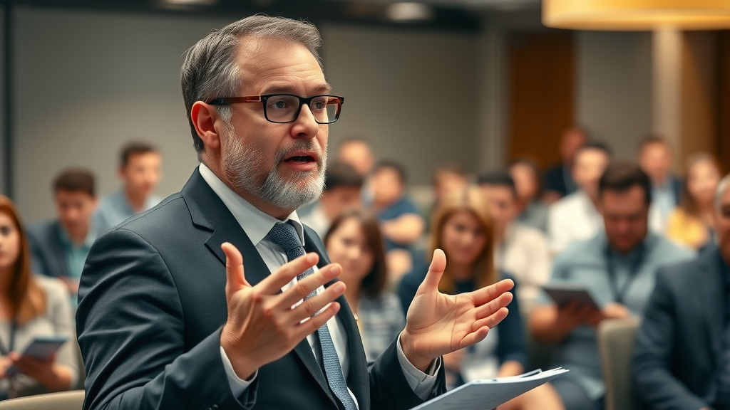 engaged lawyer speaking at a community seminar building local law firm brand awareness