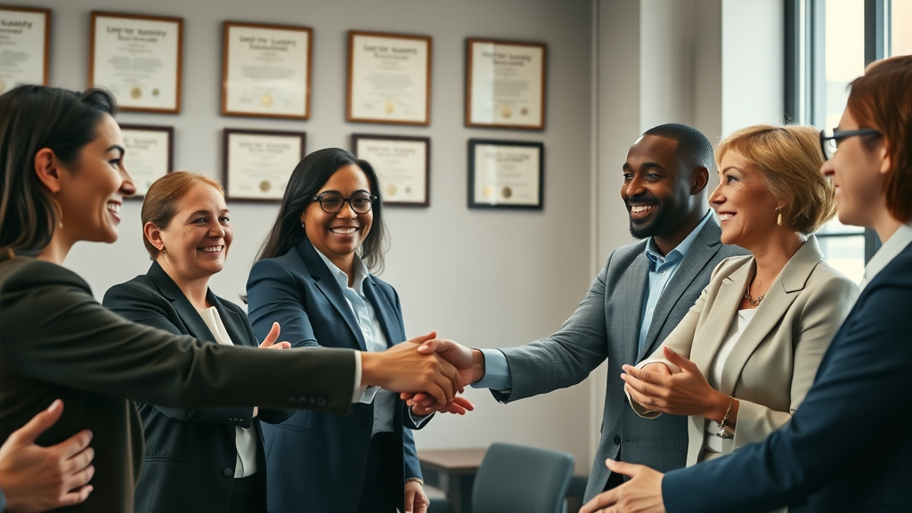 diverse clients and lawyers sharing client testimonials for lawyer branding through video, modern conference room, positive interaction