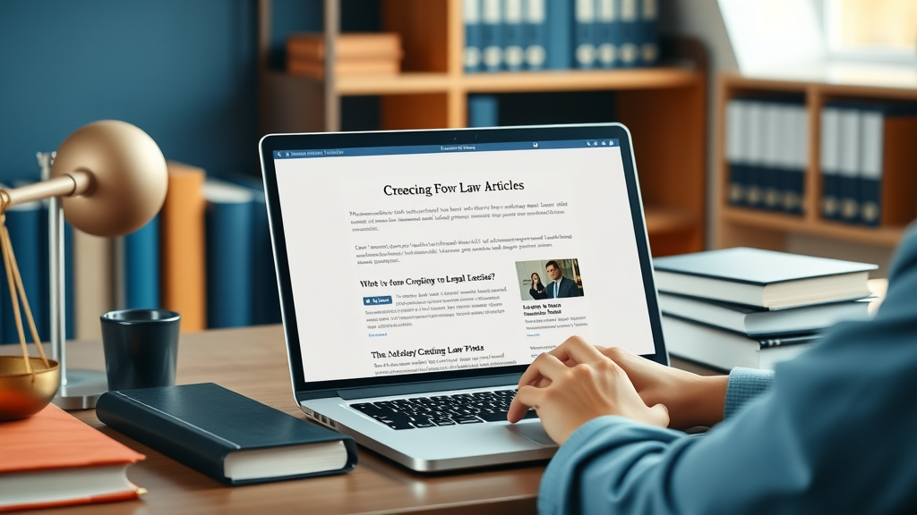 law firm website homepage with digital marketing articles, modern desk with laptop and legal books