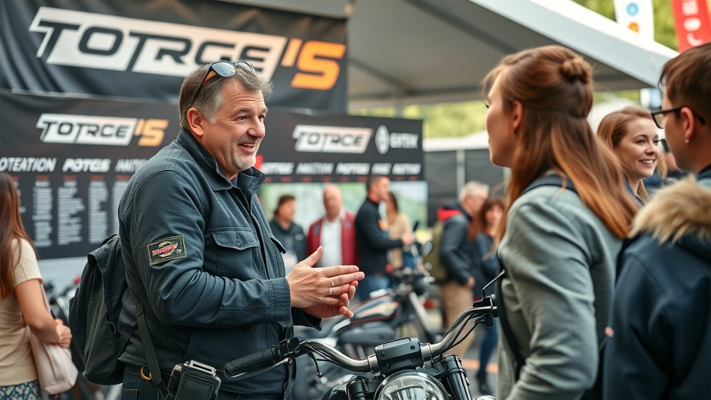 motorcycle brand representative engaging loyal customers at branded event for motorcycle industry
