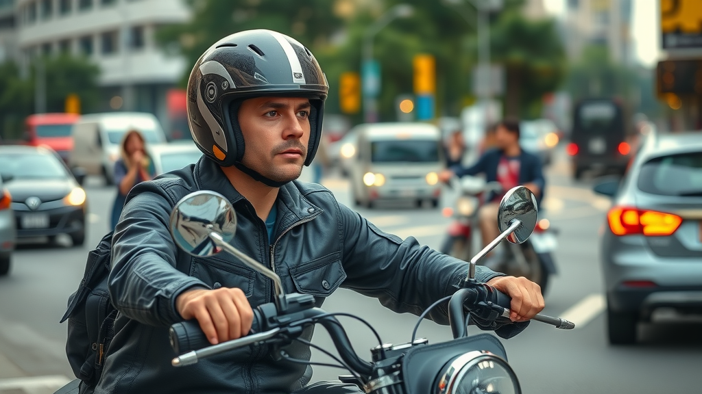 Cautious motorcycle rider practicing motorcycle traffic laws in busy urban street with vehicles and pedestrians