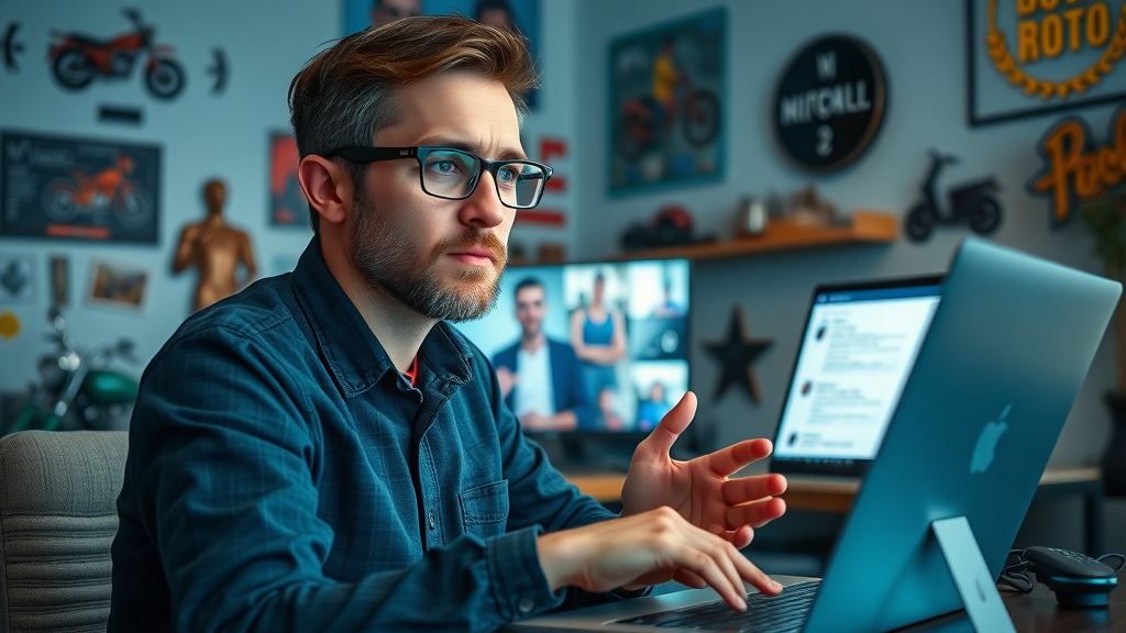 Inquisitive brand manager engaging with digital audience answering FAQs on a livestream, contemporary workspace, motorcycle memorabilia, open laptop.