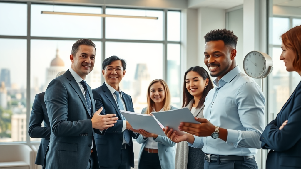 dynamic law firm office with confident diverse legal professionals collaborating on legal practice marketing strategies, modern office, city skyline visible