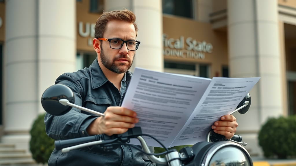 informative motorcycle rider reviewing legal documents for motorcycle insurance requirements