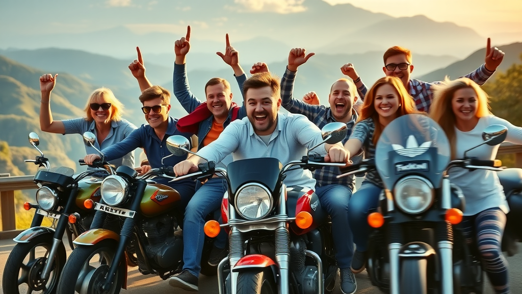 Dynamic group of diverse motorcycle riders gathering at a scenic overlook, building brand loyalty among riders in the motorcycle industry.