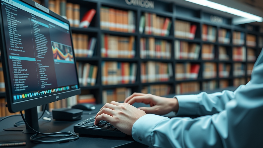 legal professional automating link building tasks, typing on advanced computer setup, digital futuristic law library