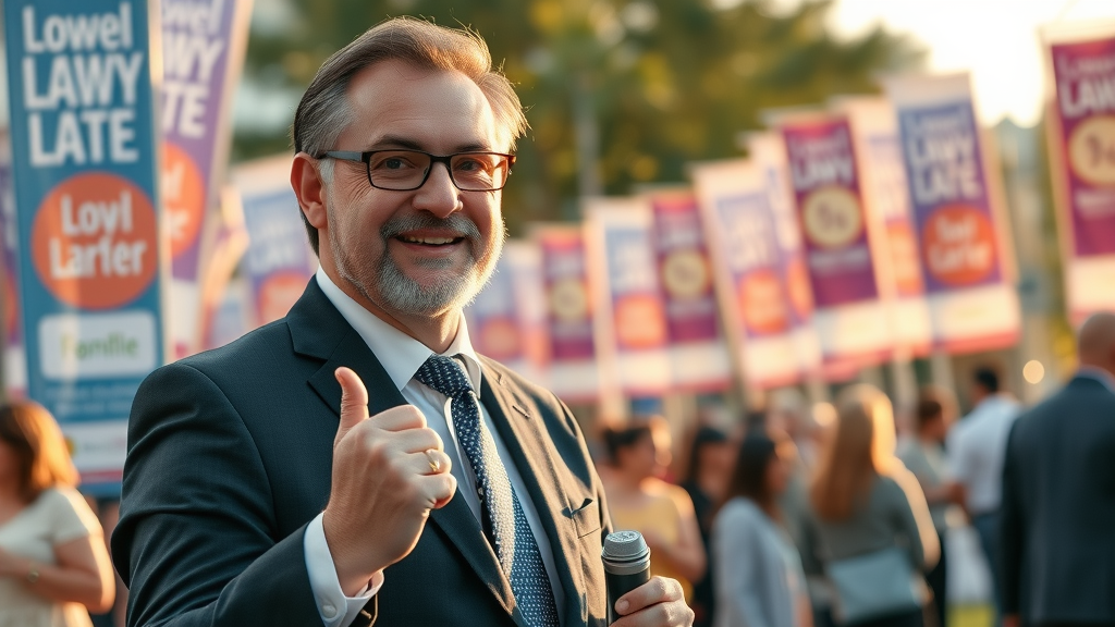 local seo link building, lawyer at community event, city banners and golden hour light, Photorealistic