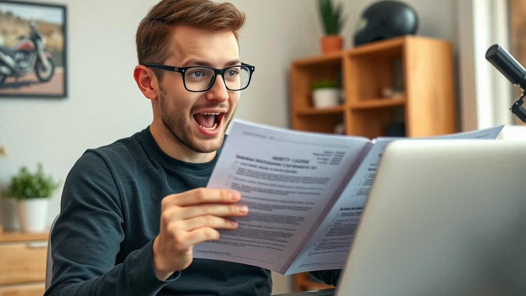 motorcycle safety courses student preparing registration, at-home office setting reviewing gear checklist