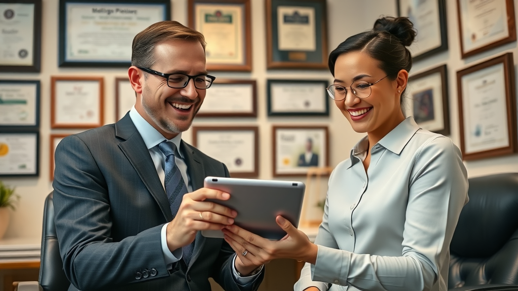 attorney meeting satisfied client, client leaving a positive review on tablet, positive law firm reputation