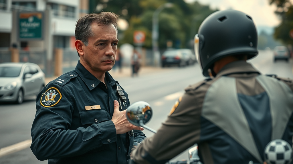 thoughtful police officer and motorcycle rider, targeting motorcycle riders, respectful urban setting, clear interaction, safety focus