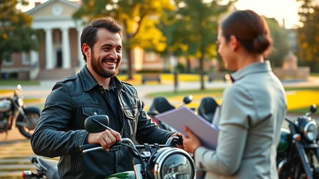 motorcyclist giving a positive testimonial with a legal professional, outdoor setting with motorcycles and courthouse in background