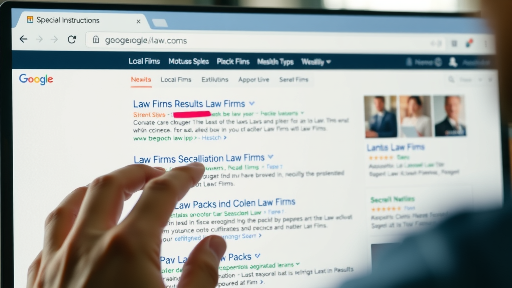 search engine results page with prominent local pack, highlighted law firms, local SEO for law firms