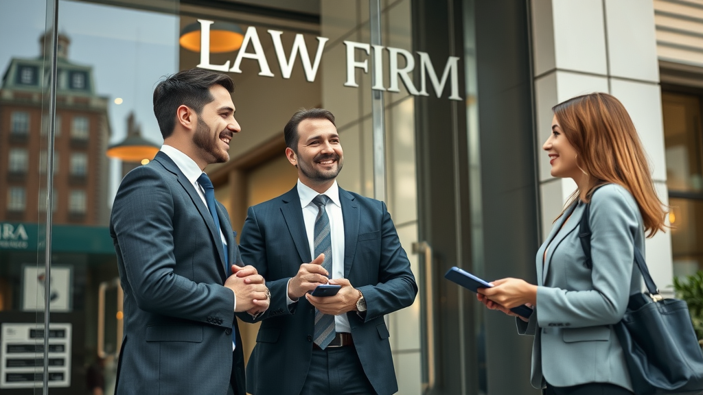modern law firm office exterior, confident legal team, conversing with client at entrance, cityscape background with visible firm signage, local SEO for law firms
