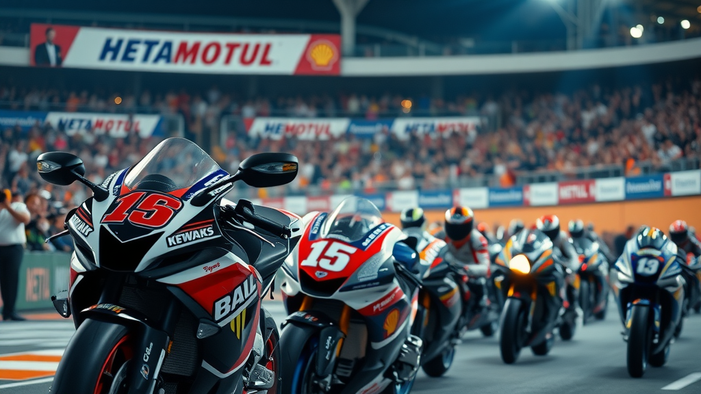 motorcycle event sponsorship real stories sponsored race bikes with prominent sponsor banners, crowd cheering at stadium racetrack