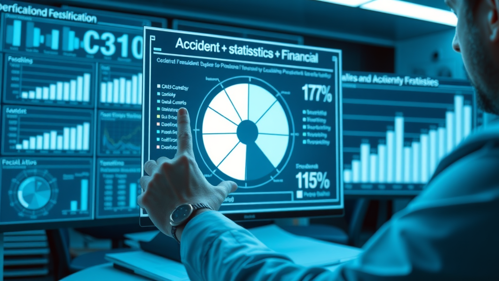 attorney analyzing accident statistics and settlement data for motorcycle accidents, digital charts and holographic displays