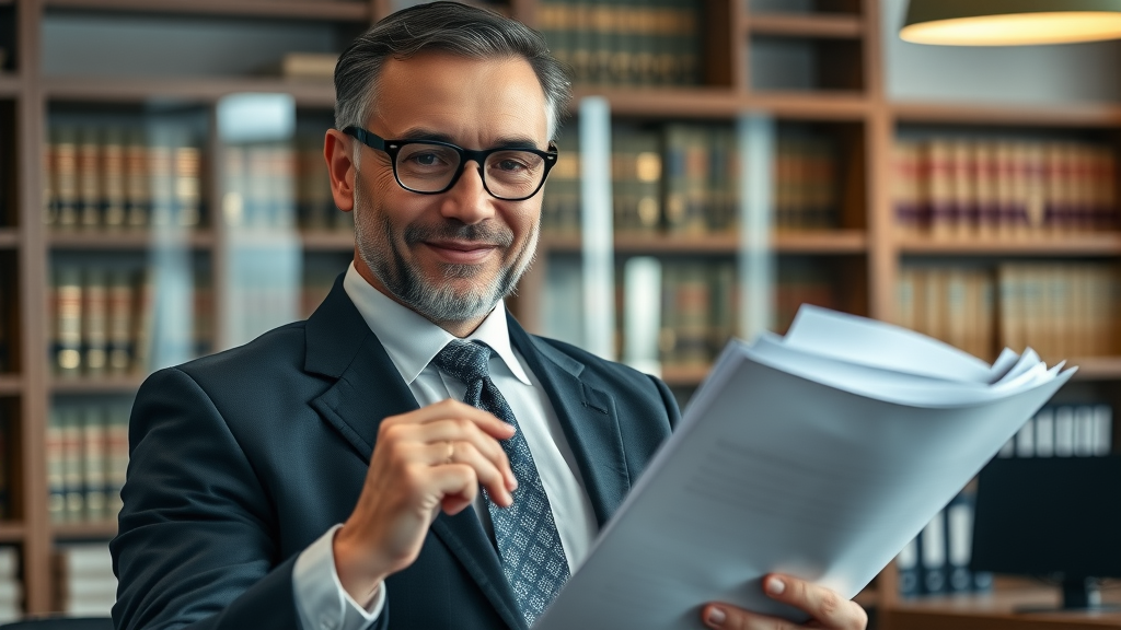 confident attorney reviewing motorcycle accident case files, law firm, motorcycle law marketing