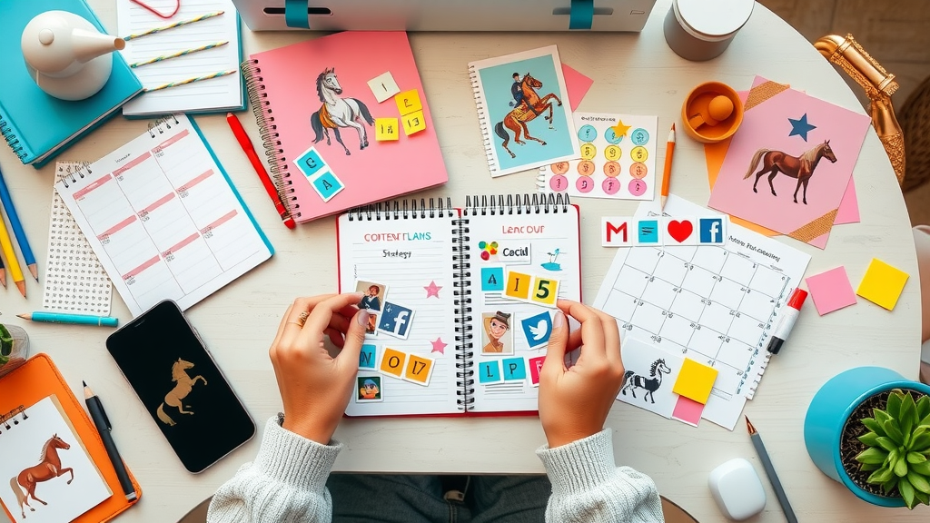 Overhead shot of colorful content planner and equestrian motifs in an office, illustrating social media content planning for rider brands