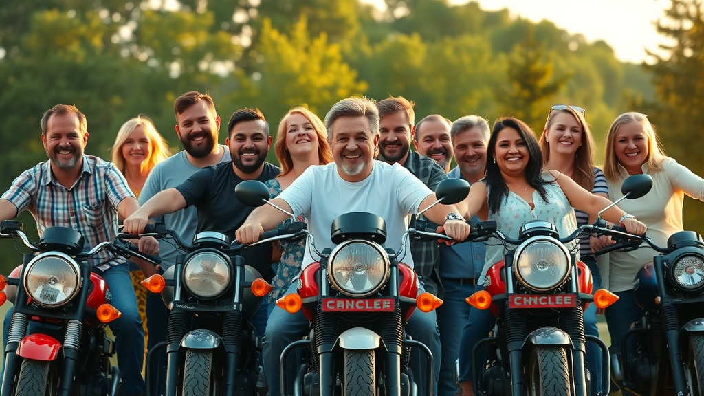 group of motorcycle safety courses graduates, happy expressions, camaraderie with motorcycles, outdoor park scene