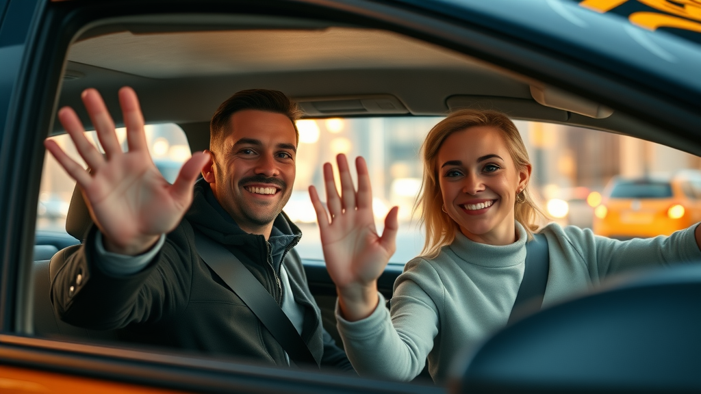 customer loyalty in taxi app, happy returning rider, driver waving inside modern taxi