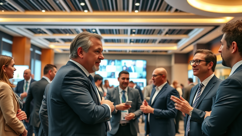 dynamic law firm event in modern conference hall showing lawyers networking and exchanging ideas, elegant branded banners, business attire, bright ambient lighting, event marketing for lawyers