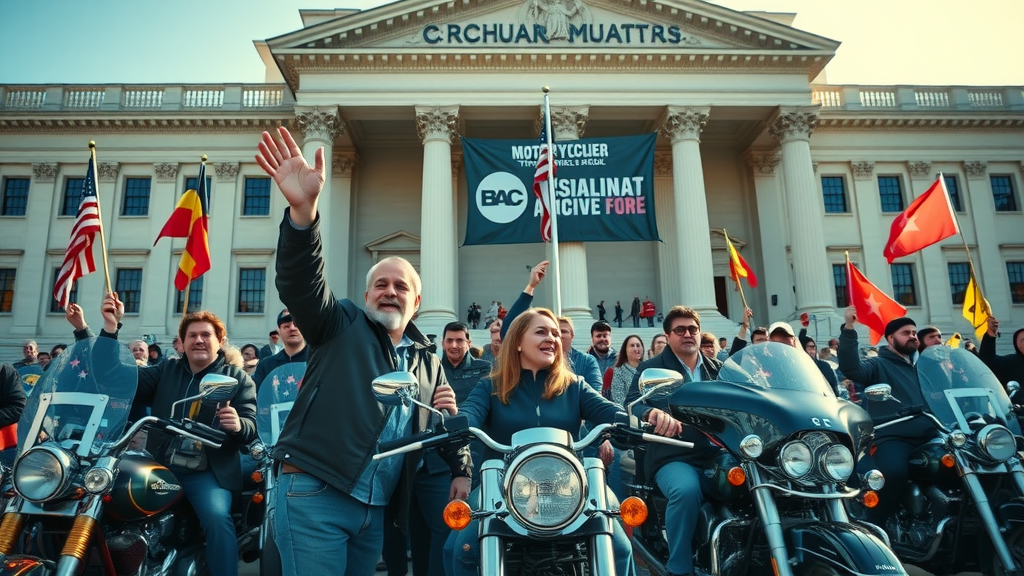 motorcycle advocacy group rallying at government building, leaders giving passionate speeches, flags waving, policy influence