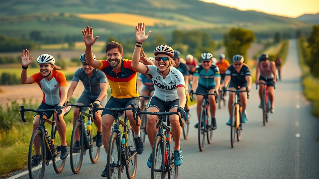 Dynamic group ride event with passionate cyclists on a countryside road, bikes in motion, blurred background, vibrant colors, golden hour lighting.