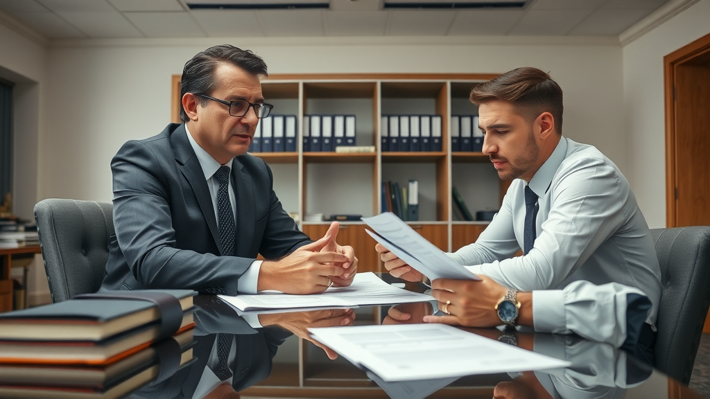 Motorcycle accident attorney negotiating with insurance adjuster for accident settlement with legal papers on table