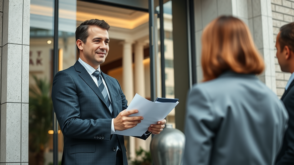 online reputation management for lawyers - confident attorney at law office entrance with client, modern city background, highly detailed, daylight