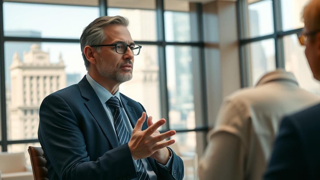 Lawyer reflecting on community engagement for law firms in boardroom