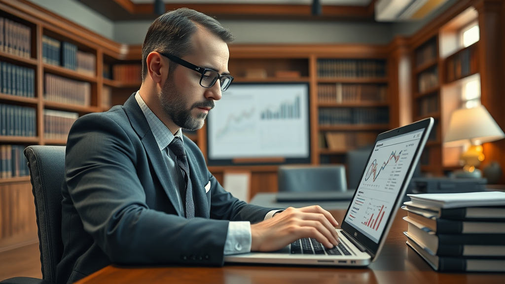 attorney analyzing SEO keyword results for law firm website optimization, legal office desk