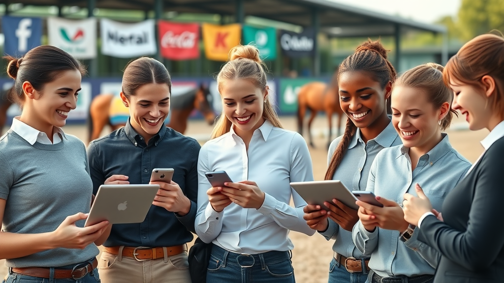 Dynamic group of equestrian athletes and social media managers using mobile devices outdoors, engaging with social media for rider brands in a vibrant, branded equestrian arena