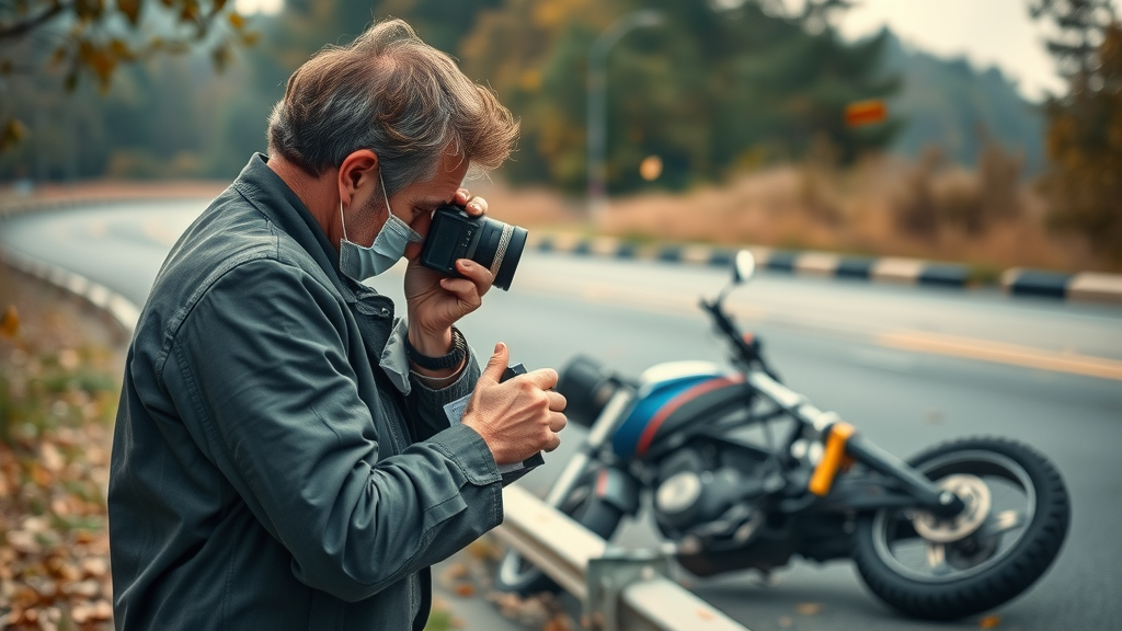 Accident investigator photographing motorcycle accident scene, motorcycle injury compensation evidence