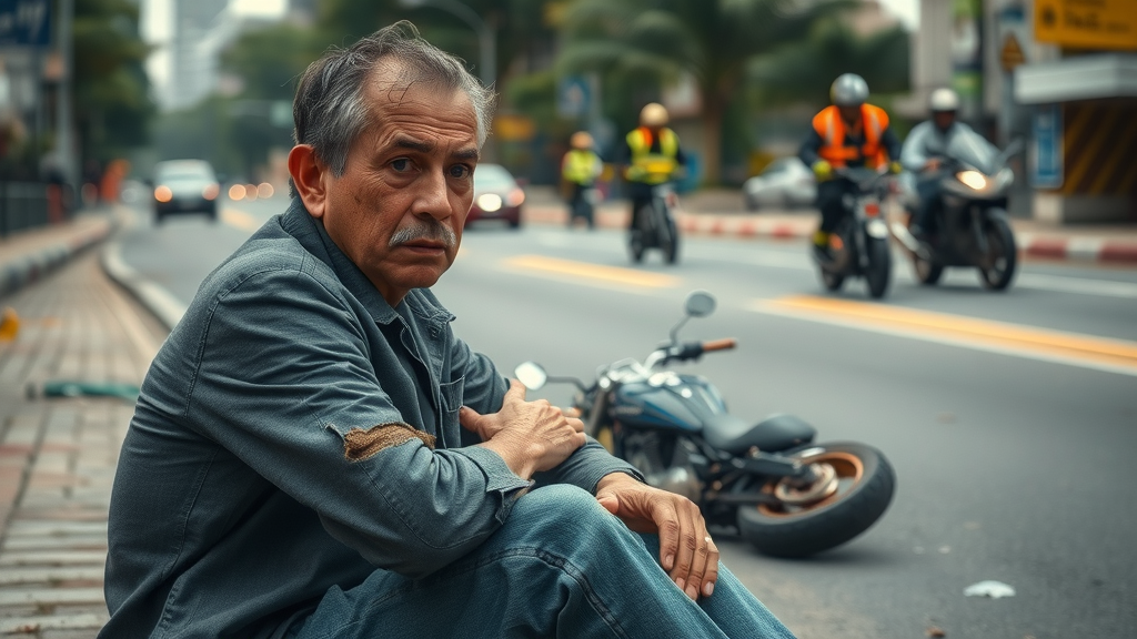 Motorcycle accident aftermath with concerned victim and emergency responders, motorcycle injury compensation