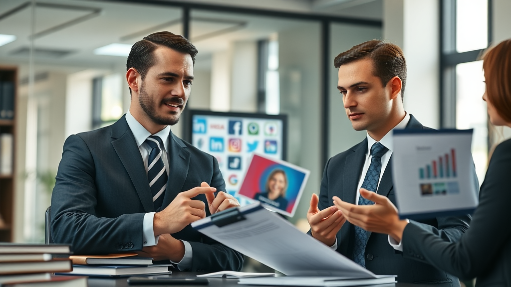 Legal industry social media tips, law firm team collaborating on strategy in a sleek modern office