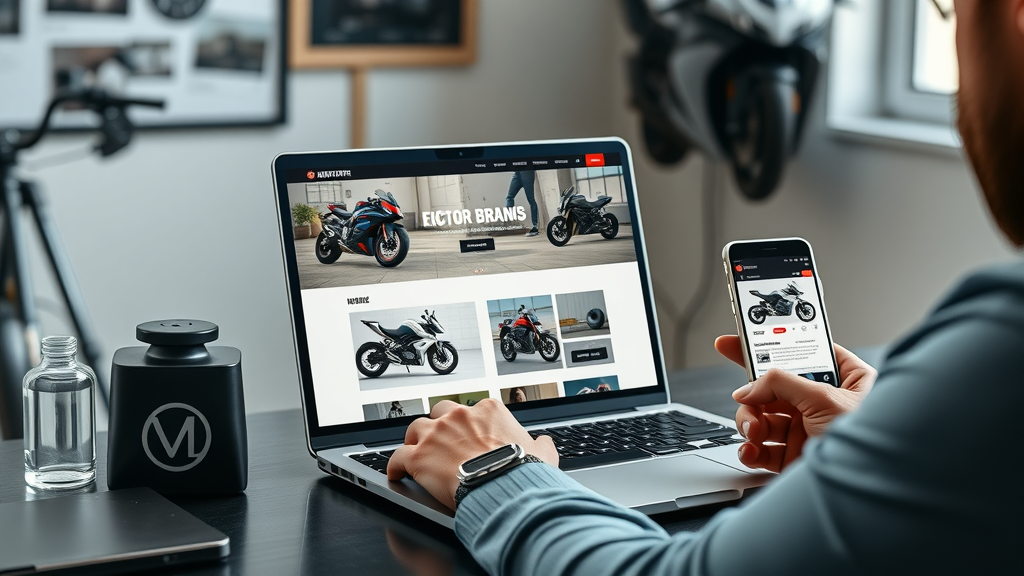 Modern motorcycle brand website displayed on laptop and smartphone, online presence, branding for motorcycle enthusiasts, sleek digital branding tools