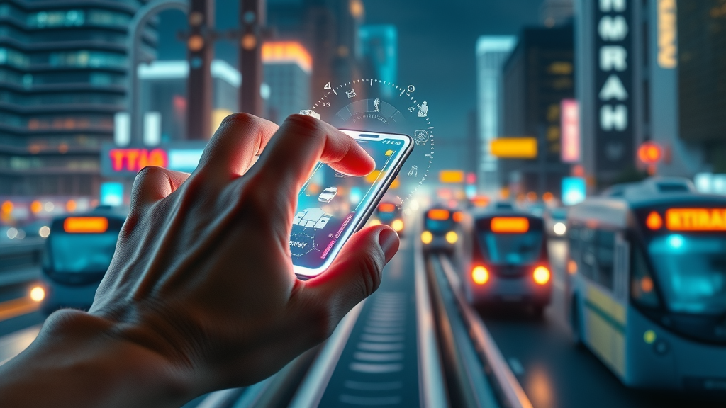 Innovative transportation mobile app interface, user hand interacting, customer experience for riders, futuristic digital city skyline with moving transit vehicles