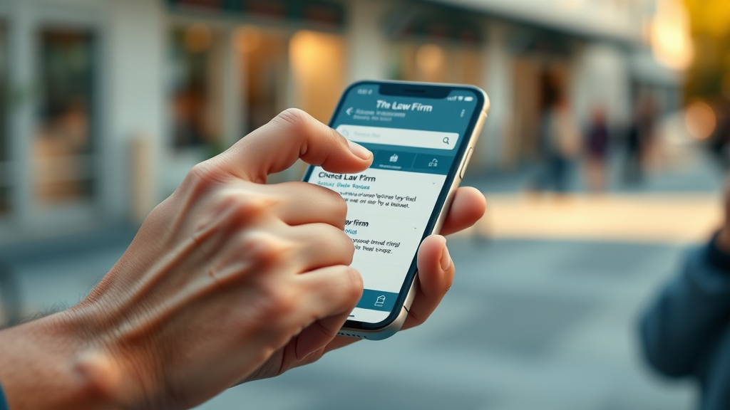 close-up of hand using smartphone, selecting law firm search result, searching for local SEO for lawyers