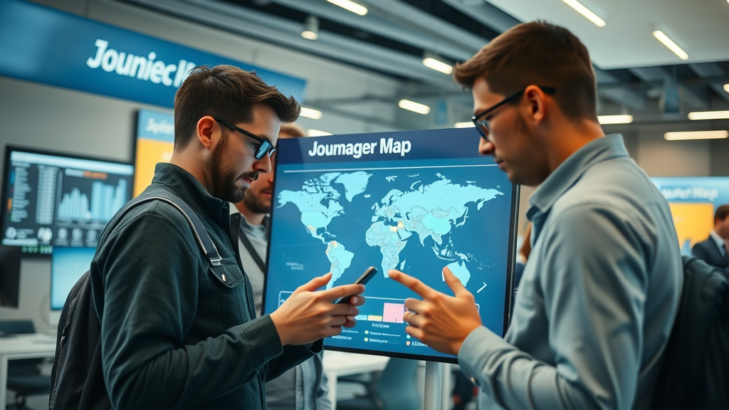 interactive journey map for rider-centric brand development with group of riders analyzing digital journey stages