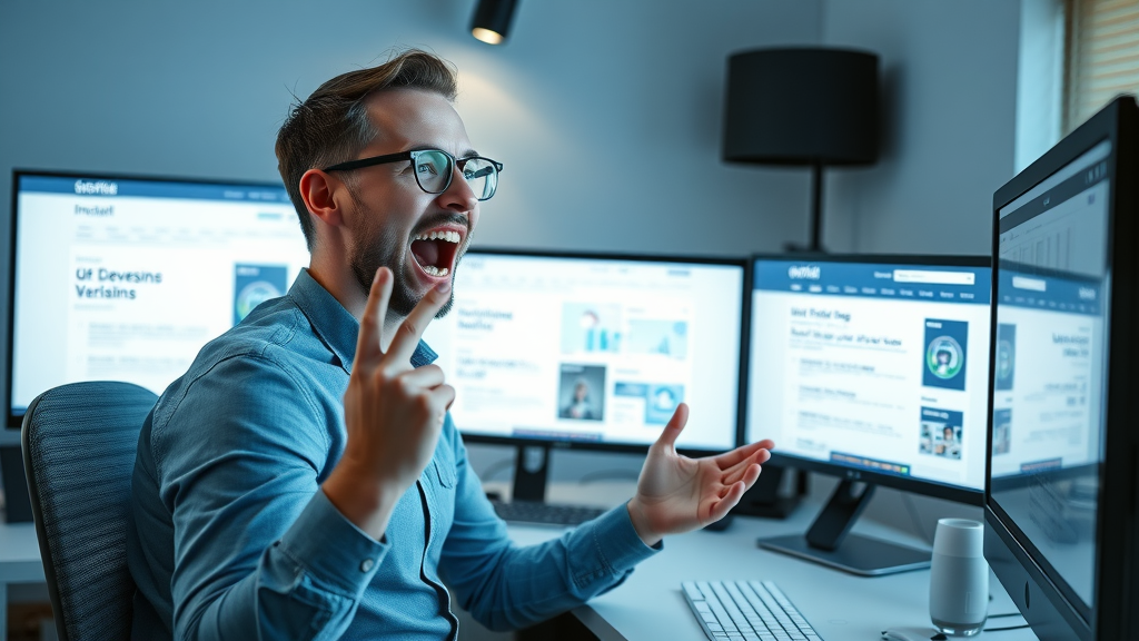 modern web designer analyzing high performing landing page for paid ad campaigns with multiple monitors